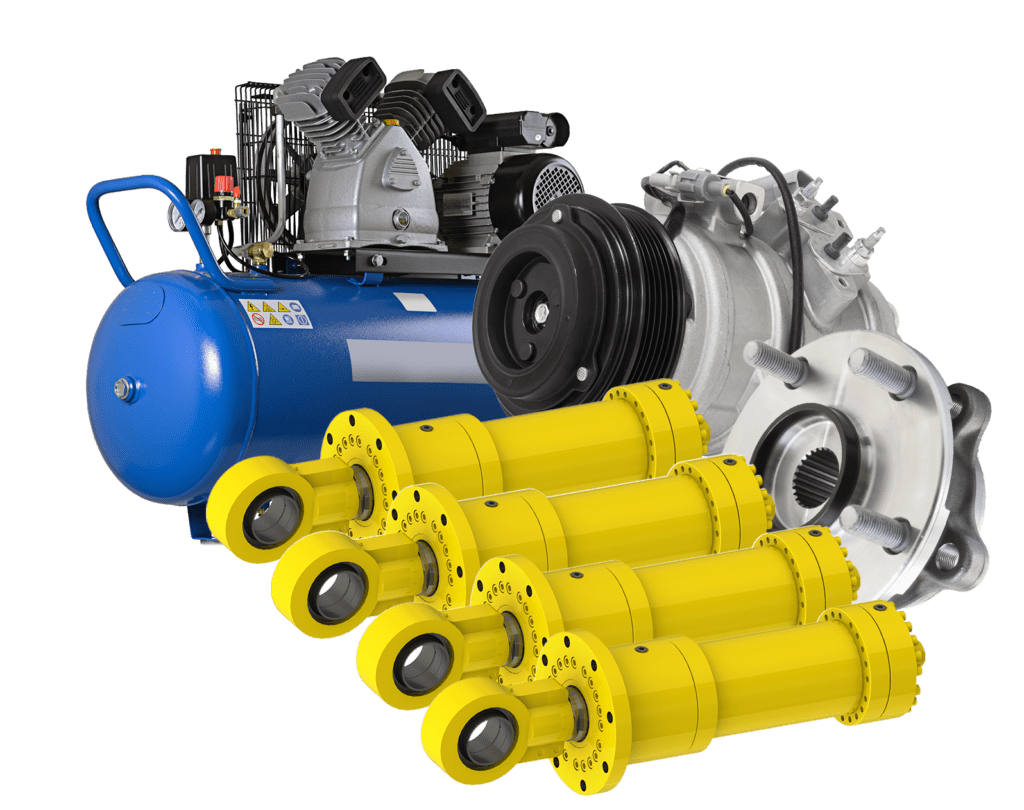 Air compressor and yellow hydraulic cylinders showcase essential components for mechanical systems. Ideal for industrial applications and repairs.